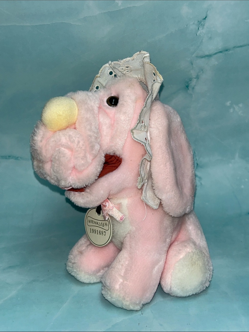 Wrinkles Plush Pink Puppy with Bonnet by Gand 1981